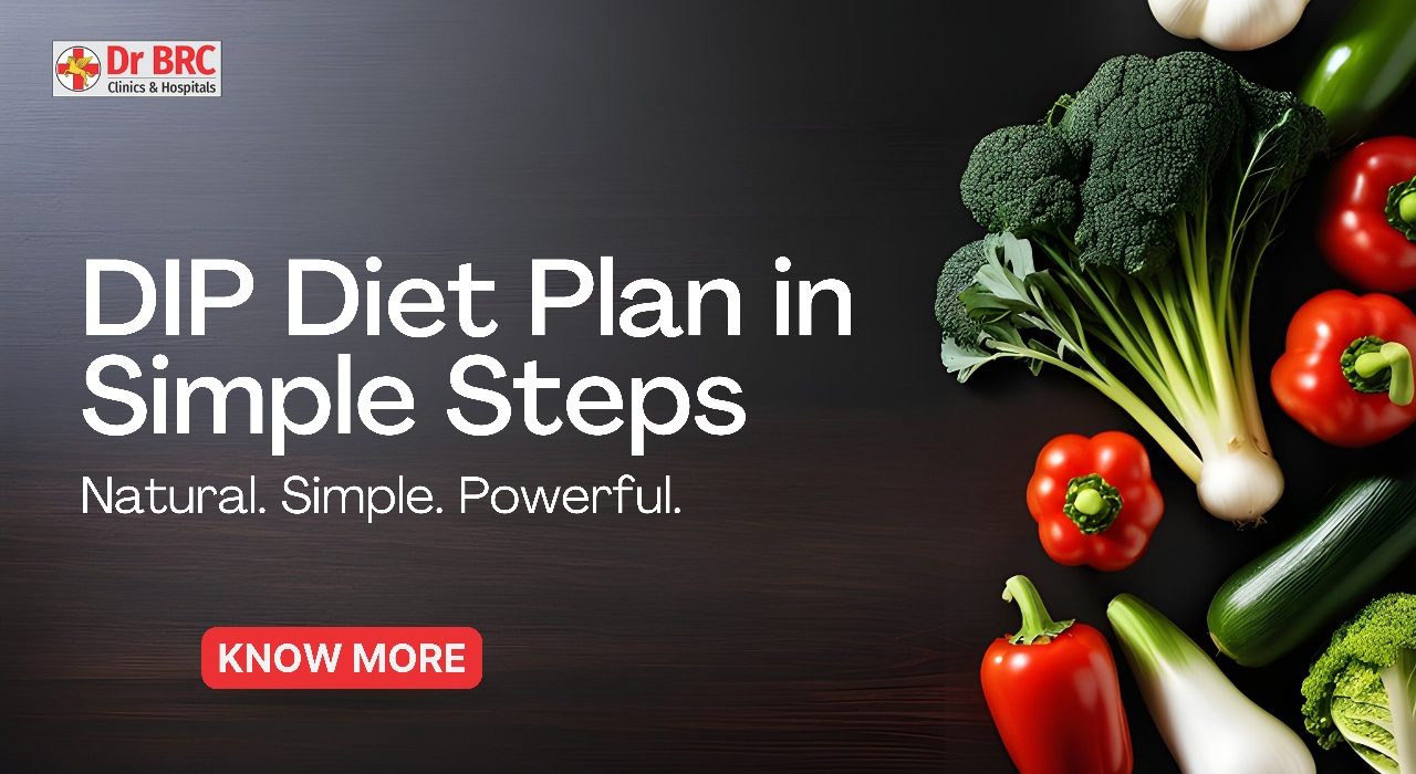 Image representing fresh fruit & vegetables for the DIP diet plan in simple steps by Dr. Biswaroop Roy Chowdhury. also logo of dr brc clinics & hospitals.