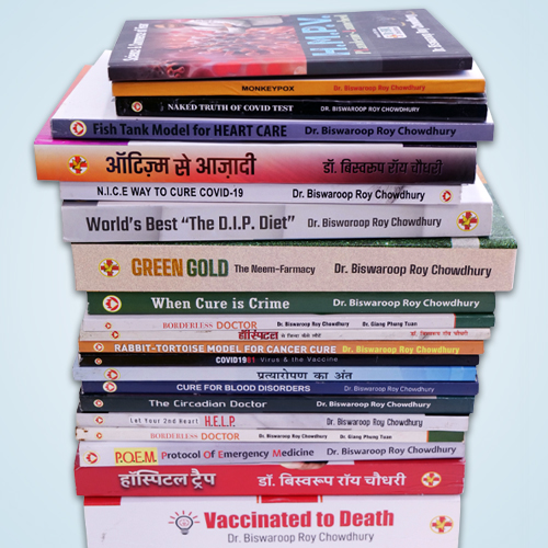 Collection image of health books written by Dr. Biswaroop Roy Chowdhury covering D.I.P. diet, blood disorders, and holistic healing.