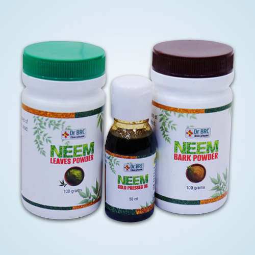 Image of Dr. Biswaroop's Neem products including Neem Leaves Powder, Neem Bark Powder, and Cold Pressed Neem Oil bottles.