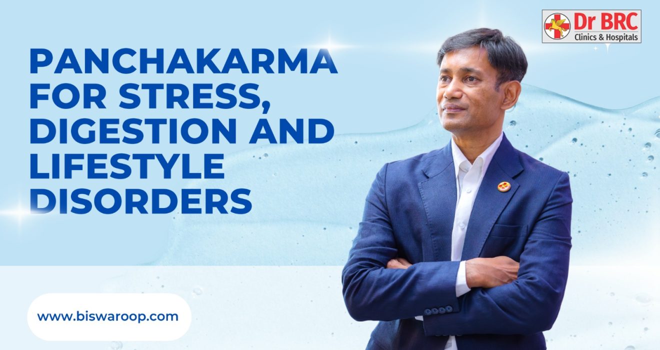 Dr. Biswaroop Roy Chowdhury discussing Panchakarma for stress, digestion, and lifestyle disorders with Dr BRC Clinics & Hospitals branding and biswaroop.com displayed.