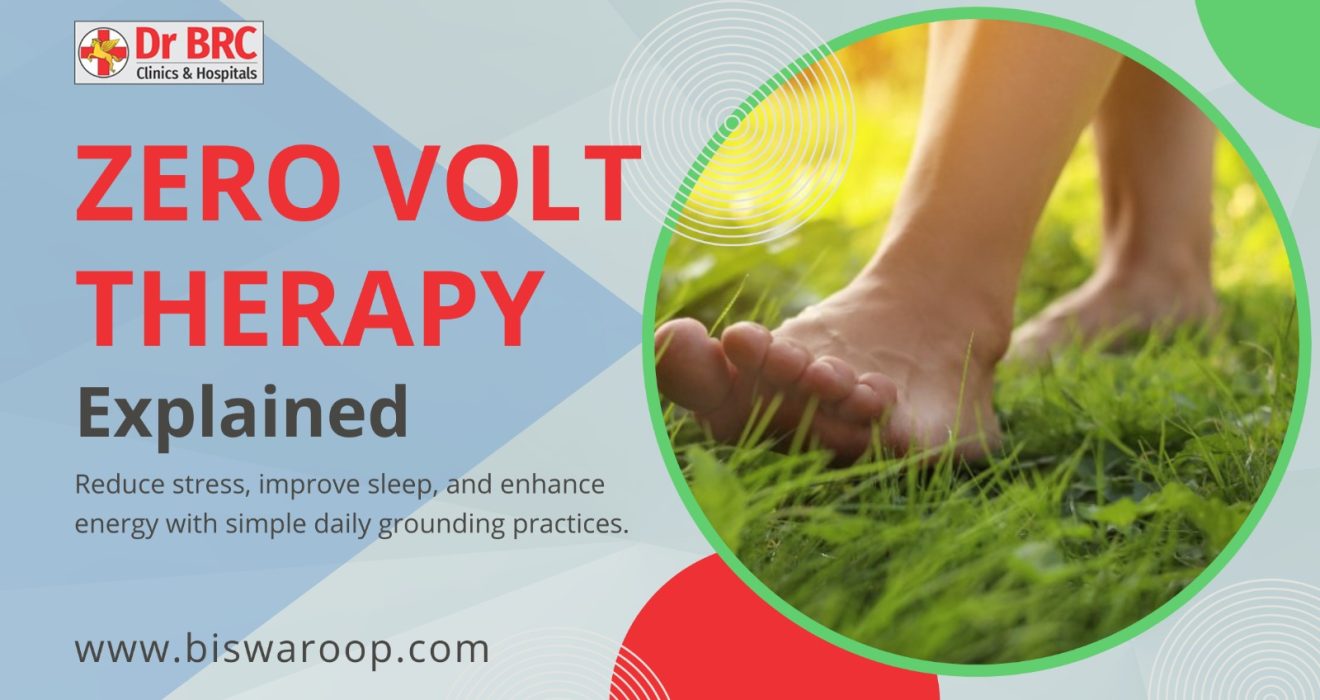 Zero Volt Therapy by Dr. Biswaroop Roy Chowdhury showing barefoot grounding on grass to reduce stress, improve sleep, and boost energy naturally.
