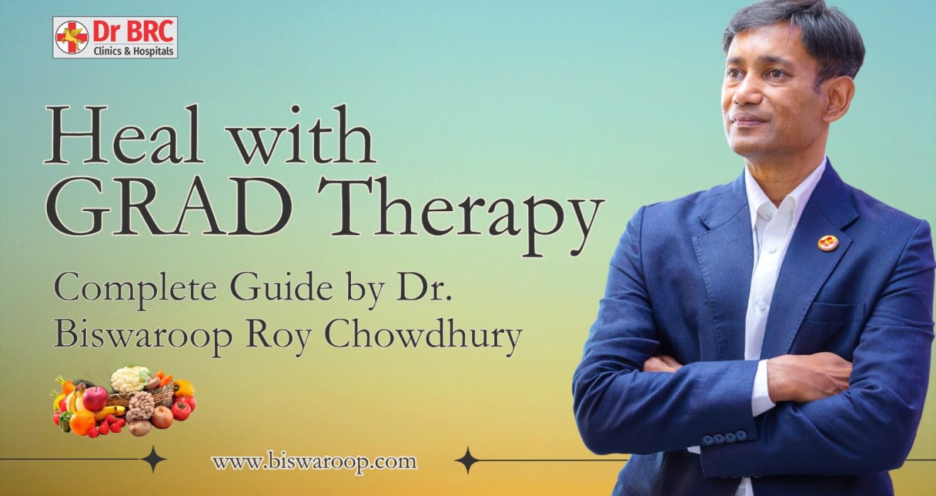GRAD Therapy by Dr. Biswaroop Roy Chowdhury showing natural healing using hot water immersion, head down tilt posture, and DIP diet for kidney health and disease reversal