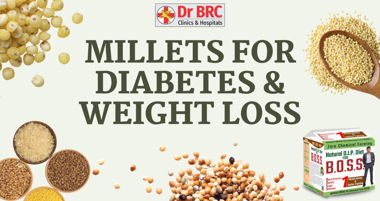 Millets for diabetes and weight loss featuring ragi, jowar, bajra, and foxtail millet as traditional Indian grains for blood sugar management and healthy nutrition by Dr. Biswaroop Roy Chowdhury.