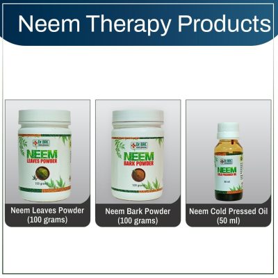 Neem therapy products by Dr Biswaroop Roy Chowdhury, showing neem leaves powder, neem bark powder, and neem cold-pressed oil packaged under Dr BRC branding.